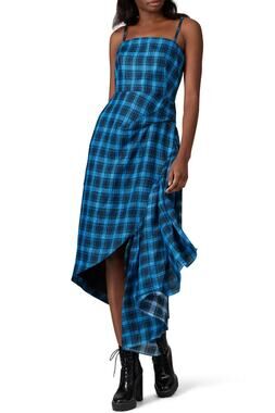 Osman Chantal Gingham Dress Sleeveless Asymmetric Hem Blue Black Womens Size 6